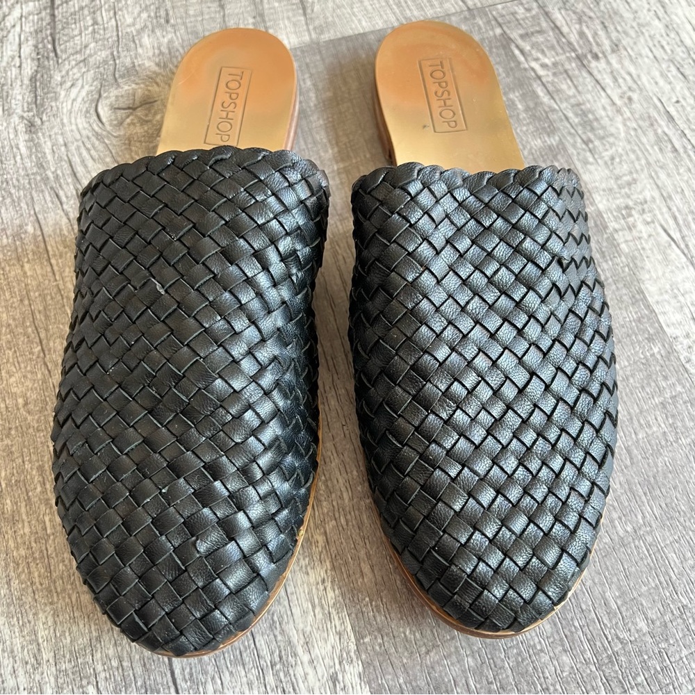 TOPSHOP Kane Woven Black Leather Mules Size 38